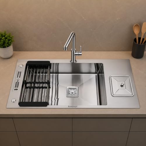 Image of Kitchen Sink 37x18x10 Inch Single Bowl With Dustbin Silver 304 Stainless Steel Handmade Sink for Kitchen Basin Including Coupling Fruit Tray Hose Pipe Kitchen Sinks