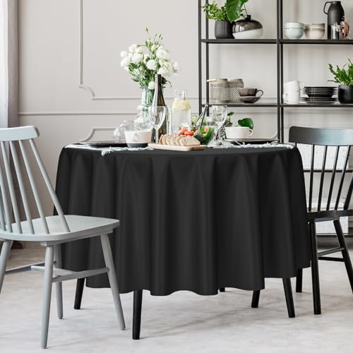 Image of Kopokita 2 Pack Black Round Disposable Plastic Tablecloths 84 inch | Party Table Covers for Birthday, Graduation, Back to School, Halloween Decorations