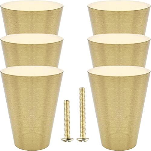 YEWLACA 6Pcs Brass Cabinet Knobs Solid Pure Copper Cone Knob Pull Handles for Kitchen Cabinet Drawer Dresser, Brushed Gold Brass Knobs with Screws