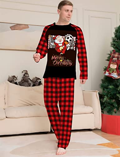 Oudizz Christmas Family Pajamas Matching Longsleeve Tee Sets With Santa Claus＆Soccer Pattern Couple Holiday Sleepwear #TOP2