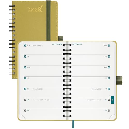 BEZEND Pocket Diary 2026 Week to View with 2 Columns (Jul 25-Dec 26), Spiral A6 15.5 x 9 cm. 18-Month Slim Weekly Planner with Dual Schedule, Pen Holder & Pocket, PU Leather Softcover, Mustard