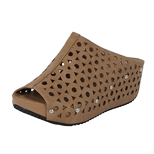 REFRESH Elva-07 Women's Slip On Stud Platform Cut Out Wedge Mule Sandals,Taupe,8