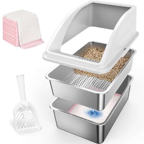 Stainless Steel Litter Box for Pine Pellet Cat Litter Non Clumping Litter System | XXL Sifting Cat Litter Box with Lid for Big Cats | High Sided, Anti-Urine Leakage | Non-Stick Bottom