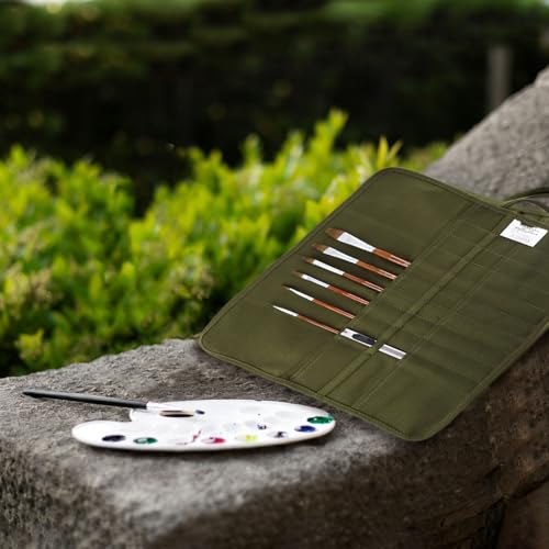 Image of Green Canvas Paint Brush Holder Roll-up Case Bag, 22 Slots Pockets Carry Pouch Artist Brush Storage Organizer, 16.54 inch L x 12.99 inch W