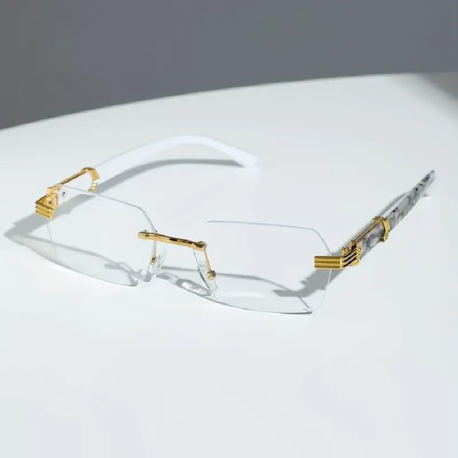 Ink Wash Painting Glasses Rimless Edge-Cut Frame with Patterned Temples Non-Prescription Fashion Eyewear
