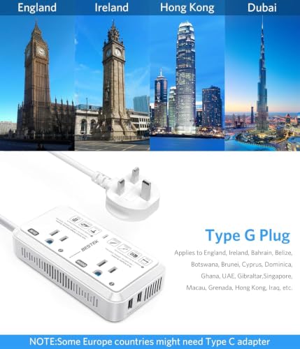 Image of BESTEK US to UK Plug Adapter Voltage Converter 2000W 220V to 110V Converter with 2 USB Ports, Type G Adapter for UK Ireland Scotland and Hong Kong