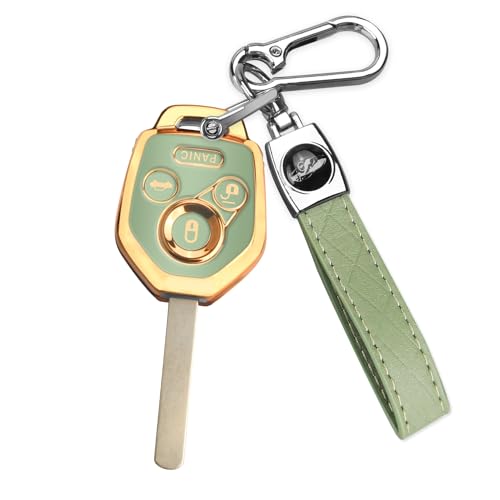 QBUC for Subaru Key Fob Cover With Keychain Soft TPU Protection Case Compatible with 2008-2019 Subaru Ascent BRZ Crosstrek Forester Impreza Legacy Outback Solterra WRX STI XV(Gold Trim Green)