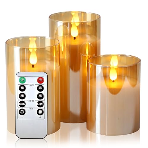 Zylume Battery Flameless Candles Real Wax Flickering,Led Glass Candles Single Battery with Remote Control and Timer for Festival Party Home Decorations 3 Packs D3 xH4 5 6(Gold)