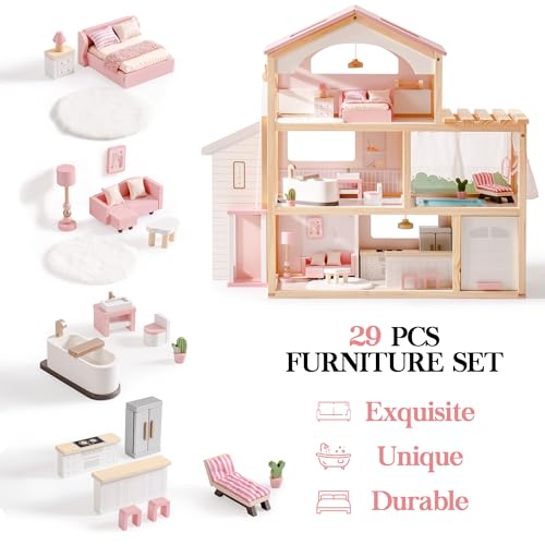 ROBOTIME Wooden Dollhouse, Doll House with 29 Pieces Furniture Set - Pool and Elevator, Wooden Doll House for 4, 5, 6-Inch Dolls, 6 Rooms Pink Dollhouse Gift for Kids Girls Ages 3+ (Pink) by ROBOTIME - Image 4