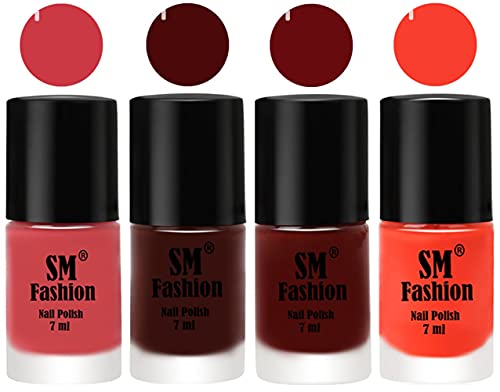 Image of Nail Polish Combo Set (Pack of 4) Quick Dry Gel Finish Nail Paint | Punch Pink,Wine,Wine Red,Light Orange | 7 ml Each