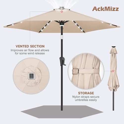 Image of 10FT Solar Patio Umbrella - Outdoor Umbrella with Centre Surround Light 24 LED Lights, Market Table Umbrella with Tilt for Pool, Porch, Garden, Deck, Backyard UV Protection (Beige)