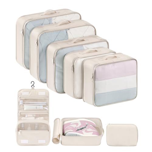 DIMJ Packing Cubes for Travel – 8 Pcs Lightweight Travel Cubes for Packing, Mesh Travel Packing Cubes Travel Packing Organizers with Large Toiletries Bag (Beige)
