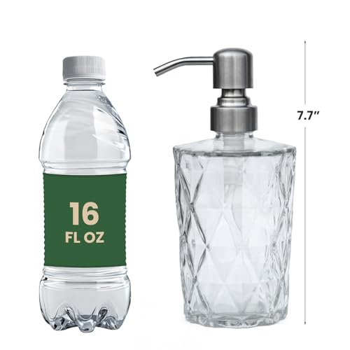 Image of 16 OZ Diamond Design Soap Dispense with 304 Rust Proof Stainless Steel Pump Glass Soap Dispenser Kitchen Soap Dispenser Bathroom