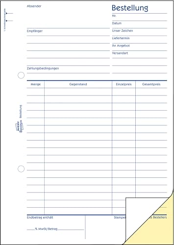 AVERY Zweckform 1766 Bestellung (A5, 2x40 Blatt, selbstdurchschreibend mit farbigem Durchschlag, zur systematischen Erfassung aller relevanten Bestellpositionen) weiß/gelb