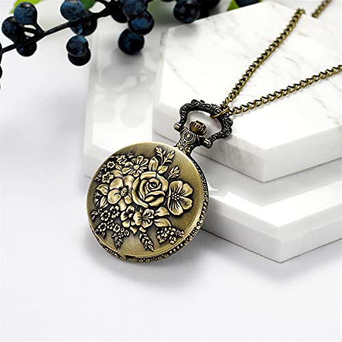 Image of JewelryWe Bronze Flower Pocket Watch: Retro Vintage Pendant Watch with Openwork Cover and 32.3 Inch Chain - for Men Women Daily Wear and Gift Giving