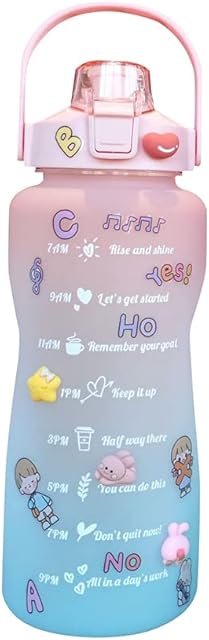 2L Large Water Bottle with Straw & Motivational Time Marker Reminder, Water Bottles with Cute Sticker, BPA Free Leak-proof Water Bottles for Gym, Outdoor Sports, Home (Pink)