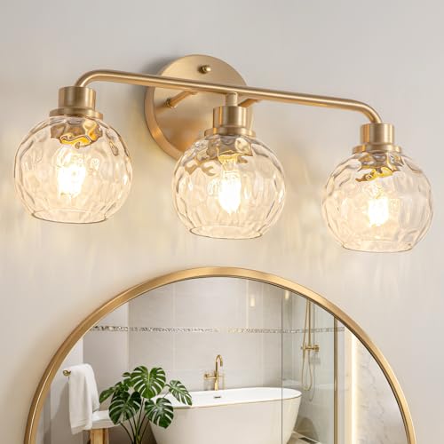 Image of Bathroom Light Fixtures Gold Vanity Light 3 Light Wall Sconces Lighting Brushed Brass Lights with Hammered Globe Glass Shades Bath Wall Lamp for Mirror Living Room Bedroom Hallway