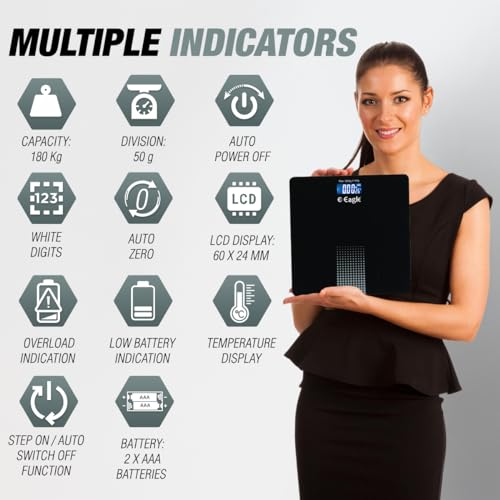 Image of Eagle Digital Weighing Scale for Body Weight 180Kg | Smart Fitness Weight Machine with LCD Display, Auto On /Off | Bathroom Scale for Home, Gym & Clinic - Black, EEP-1300A