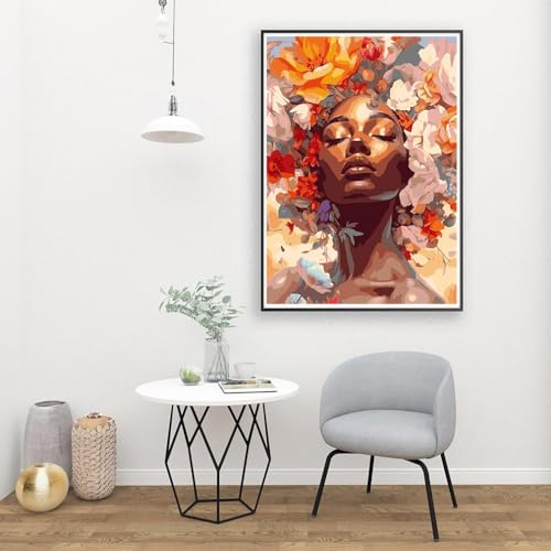 Image of Clendo DIY African Woman Paint by Numbers for Adults Canvas, Flowers and Girl Paint by Number Kits on Canvas - Oil Painting Kits Arts and Crafts for Home Decor 16x20 inch(Without Frame)