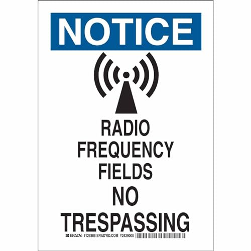 Brady 129309 Radiation and Laser Sign, Legend "Radio Frequency Fields No Trespassing", 14" Height, 10" Width, Black and Blue on White