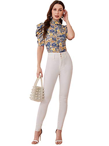 Floerns Women's Casual Frill Mock Neck Short Puff Sleeve Keyhole Back Work Office Blouse Gold Floral Xl #TOP4