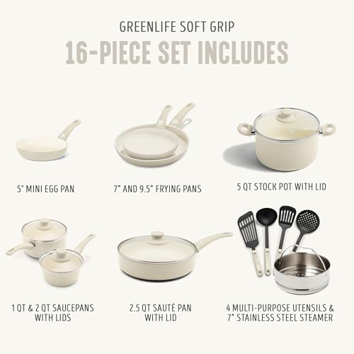 Image of GreenLife 16 Piece Ceramic Nonstick Pots & Pans Cookware Set, Cream