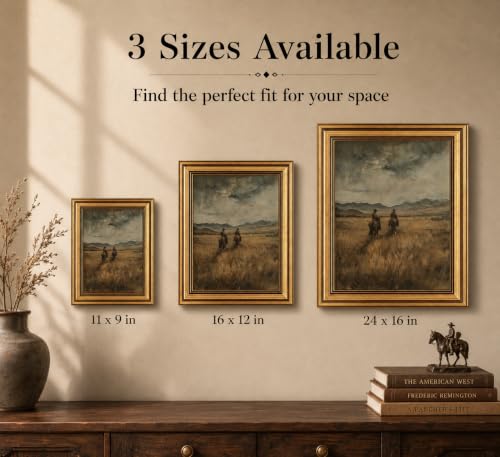 Image of Gold Framed 3D Textured Wall Art, Vintage Western Cowboy Horse Canvas Prints, Wild West Mountain Landscape Pictures Decor, Mid-Century Equestrian Gallery Artwork for Living Room Office 16x12 in