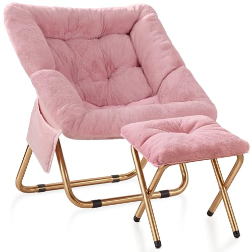 Kasunpul Comfy Saucer Chair, Foldable Living Room Chairs, Soft Faux Fur Lounge Chair for Bedroom, Reading Chairs for Adults, Teens, X-Large (Pink)