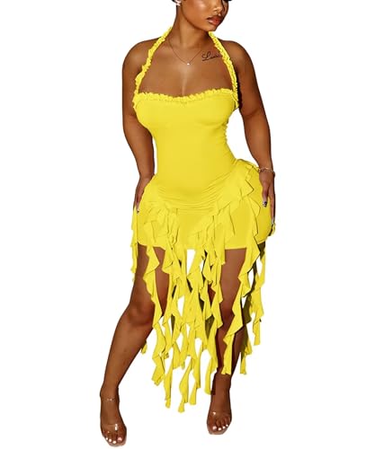 Image of Aro Lora Womens Sexy Halter Neck Sleeveless Ruffle Tassel Party Club Bodycon Mini Dress