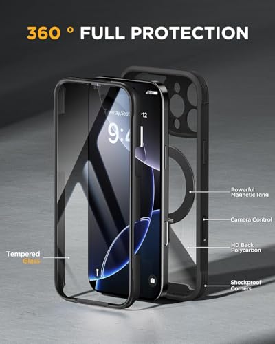 Image of Miracase for iPhone 16 Pro Case with 360 Magnetic Ring Stand [Compatible with Magsafe] Full-Body Drop Proof Bumper Phone Case with Built-in 9H Tempered Glass Screen Protector,Black