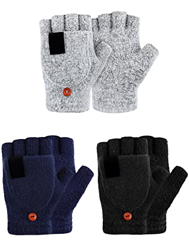 Satinior 3 Pack Winter Knitted Convertible Fingerless Gloves Warm Mitten Glove For Women And Men (Black, Light Grey, Navy Blue, Large) #TOP30