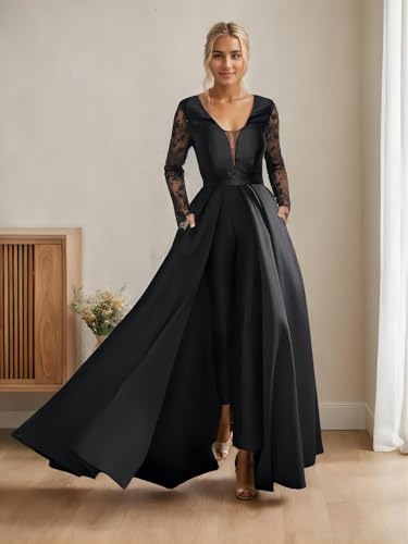 Jumpsuits Elegant Mother of The Bride Dress Formal Wedding Guest Dress Floor Length Long Sleeve Satin Lace 20242