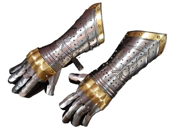 Image of AnNafi Armor Gauntlets Steel Gloves w Brass Accents Armor Pair, Medieval Knight Costume, Fully Wearable, Fully Functional Armor Gloves Warrior Metal Gauntlets Steel Crusader Cosplay Armour Costume