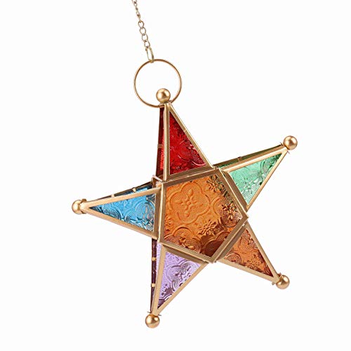 Lanterne d'eclairage suspendue etoile et bougeoir en verre multicolore pour jardin - 6