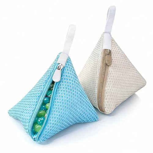2 Pcs Mini Triangle Laundry Bag, Bra Washing Bag for Laundry, Small Washing Machine Bag with Hanging Loop, for Laundry Beads, Underwear, Bras, Masks, Socks (Cream-colored+Blue)