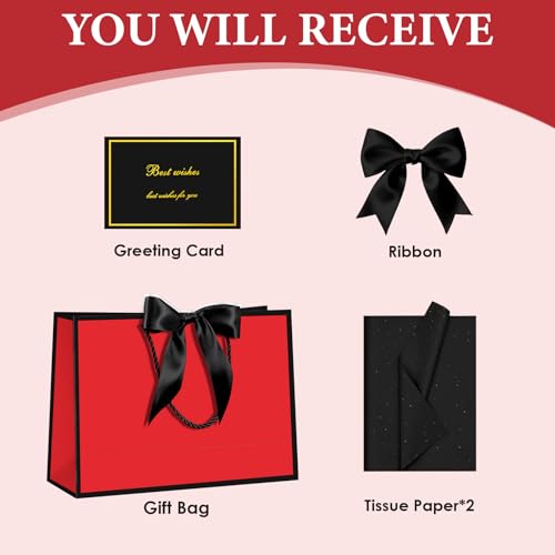 Image of JMANNI Gift Bags with Handles, 13 inch Medium Gift Bag for Presents, 1 Pcs Bags with 2 Tissue Paper and 1 Cards for Baby Shower Wedding Bridal Shower Mother's Day Birthday Party (black-red
