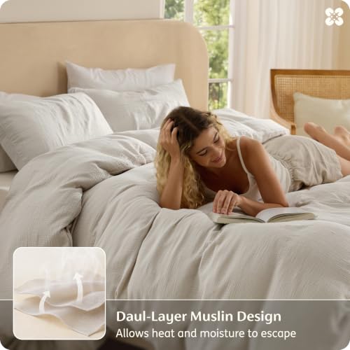Image of Bedsure 100% Muslin Cotton Duvet Cover Queen Size - Ultra-Soft Gauze Duvet Cover, PureWoven Breathable & Lightweight Bedding Set with Zipper Closure and Corner Ties (Linen, Queen, 90 inchx90 inch)