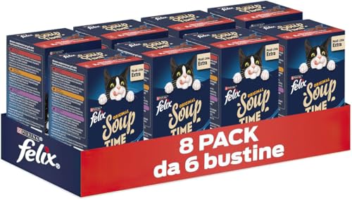 Purina Felix Soup Original Cibo Umido per Gatti con Manzo, Pollo e Agnello, 8 Confezioni con 48 Buste da 48g
