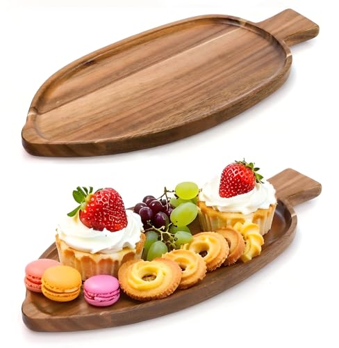 YOUEON 2 Pcs Acacia Wood Leaf-Shaped Serving Trays (33x14 cm), Food-Safe Wooden Platters for Snacks, Fruits, Appetizers, Decorative Small Trays for Dining Table, Also Ideal as Candle Holders