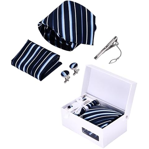 Light Autumn Tie Clip and Cufflink Sets for Men - Includes Men's Tie, Gentleman's Scarf, Cufflinks, Tie Pin - Tuxedo Studs and Cufflinks Set - Gifts to Father of Bride - Keepsake Wedding Gifts (Blue) Cover