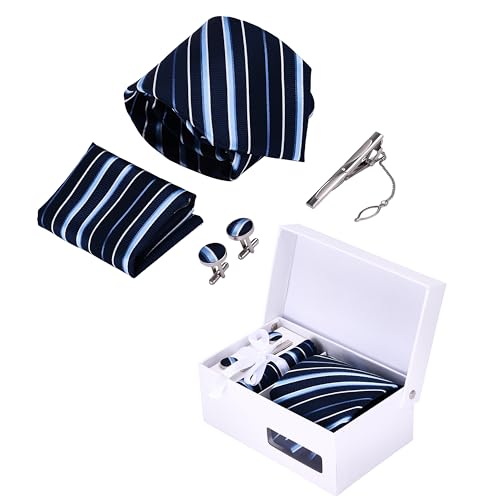 Light Autumn Tie Clip and Cufflink Sets for Men - Includes Men's Tie, Gentleman's Scarf, Cufflinks, Tie Pin - Tuxedo Studs and Cufflinks Set - Gifts to Father of Bride - Keepsake Wedding Gifts (Blue)