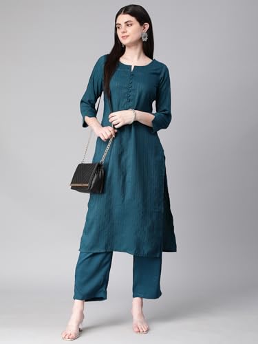 Image of Hritika Self Design Viscose Rayon Teal Kurta & Trousers Set (HRKB0048TEAL XS)