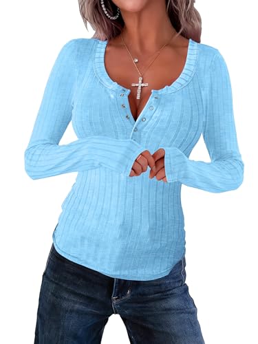 Image of APOFER Women's Long Sleeve Tunics Lightweight Ribbed Knit Blouse Scoop Neck Tops Snap Button Slim Fit Casual Henley Shirt