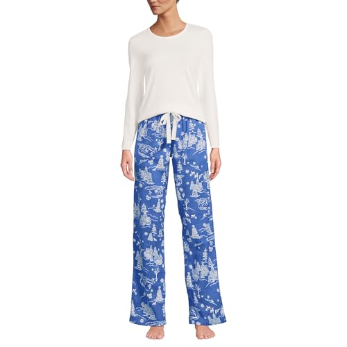 Lands' End Womens Pajama Gift Set - Knit LS Top and Flannel Pants Muted Cobalt Winter Village Petite Large
