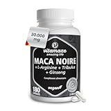 Maca noire 30 000 mg par dose journalière, hautement dosé, complexe d’extraits de maca + L arginine + tribulus + ginseng + zinc + vitamines B, performance sportive, 180 gélules véganes, Vitamaze