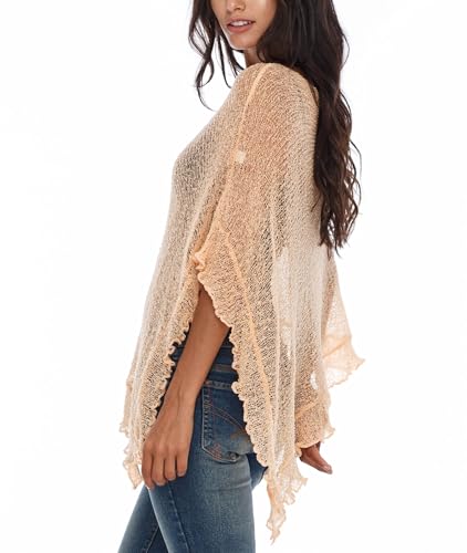 Image of SHU-SHI Women's Sheer Knit Poncho Shrug Lightweight Asymmetrical Ruffle Wrap Dressy Summer Shawl Cover Up Top