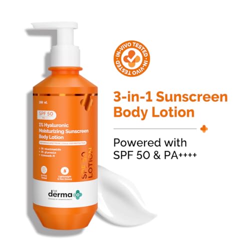 Image of The Derma Co. 1% Hyaluronic Moisturizing Sunscreen Body lotion SPF 50 PA ++++ with 5% Niacinamide & 3% Glycerin | In-Vivo & In-Vitro Tested | Body Sunscreen with Broad Spectrum UVA & UVB Protection | No White Cast | Non Greasy | Tan protection | For All Skin Types | For Women & Men | 200 ml