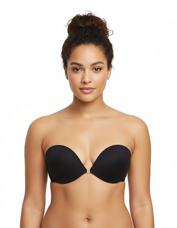 Zelique Reusable Adhesive Bra for Women Strapless Invisible Push Up Bra Backless Sticky Bra with Adjustable Drawstring Seamless Wire-Free Support Size B | Black-picture-39