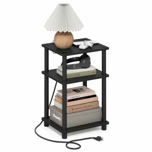 Image of Furinno Just 3-Tier Night Stand with Charging Station, Black Espresso | USB and Type-C Charging Port, Open Shelf Bedside Table, Side Table, End Table, for Living Room, Bedroom