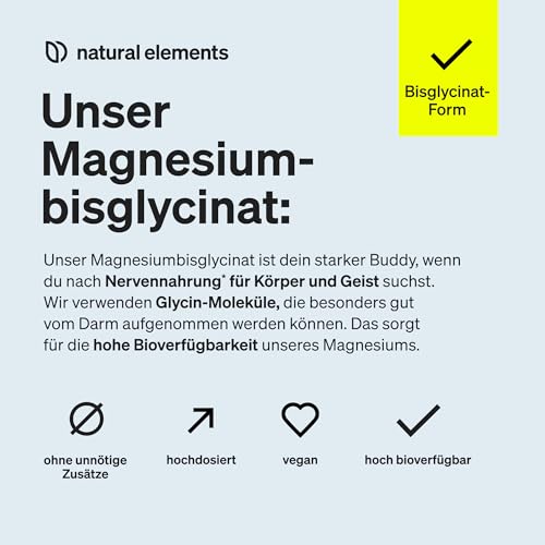 natural elements Magnesiumbisglycinat - Premium: Chelatiertes Magnesium - 180 Kapseln - 300mg elementares Magnesium pro Tagesdosis - Laborgeprüft, vegan, hochdosiert